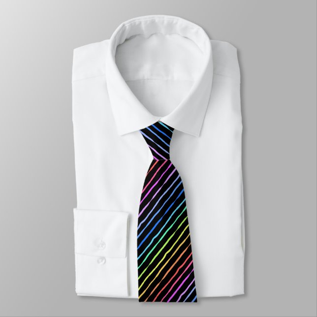 Brush Stroke Rainbow Striped Black Two-sided Tie (Tied)