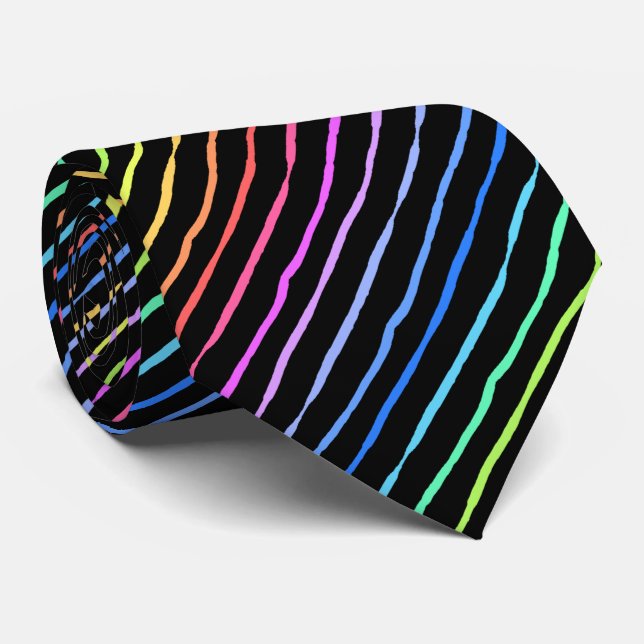 Brush Stroke Rainbow Striped Black Two-sided Tie (Rolled)