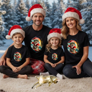 Brush Stroke Surfer Cat Santa Tropical Christmas T-Shirt