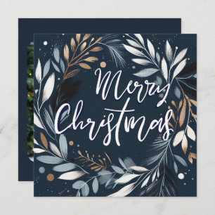 Brush stroke wreath Blue Merry Christmas  Holiday Card