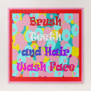 Brush Teeth Hair Wash Face fun kids bright design  Jigsaw Puzzle