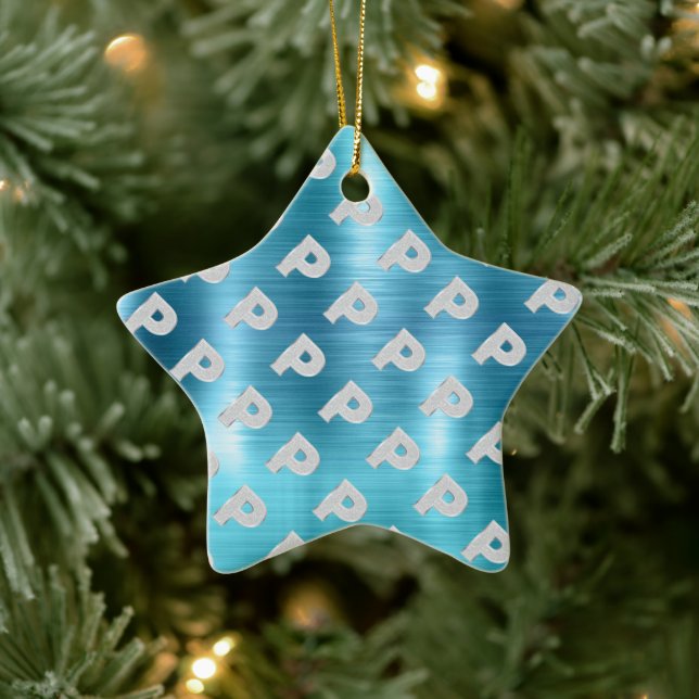 Brushed Aqua Silver Letter P Ceramic Ornament (Tree)