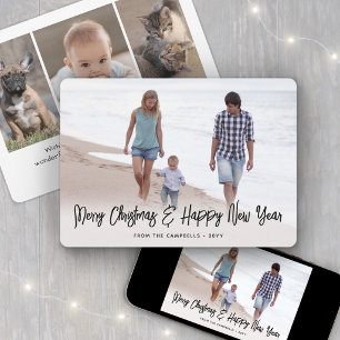 Brushed Black Script Christmas & New Years 4 Photo Holiday Card