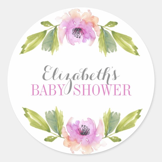 Brushed Blooms | Watercolor Baby Shower Sticker (Front)