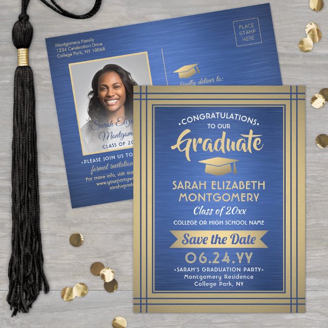 Brushed Blue and Gold Graduate Photo Save the Date Announcement Postcard (Creator Uploaded)