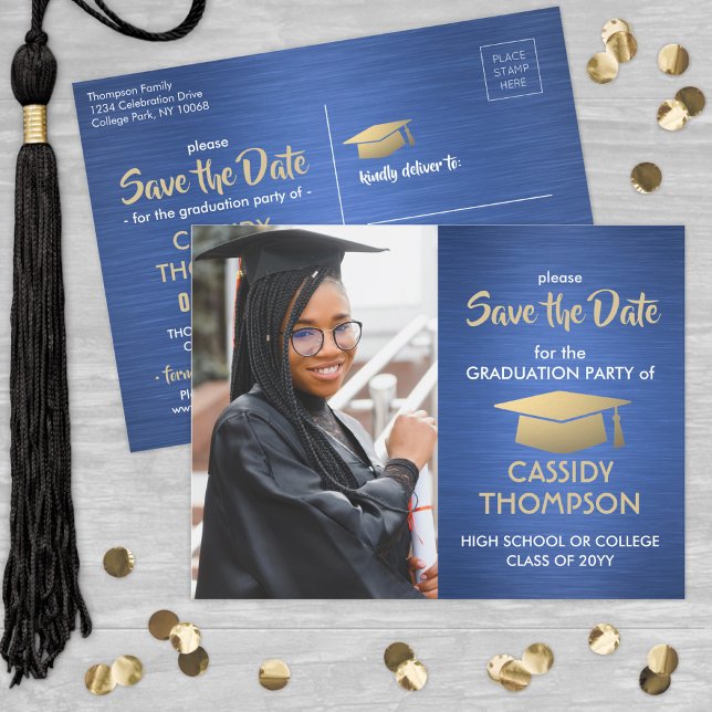Brushed Blue & Gold Graduation Photo Save the Date Postcard (Creator Uploaded)