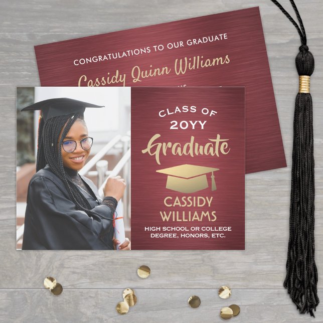 Brushed Burgundy & Gold Graduate Photo Graduation Invitation (Creator Uploaded)