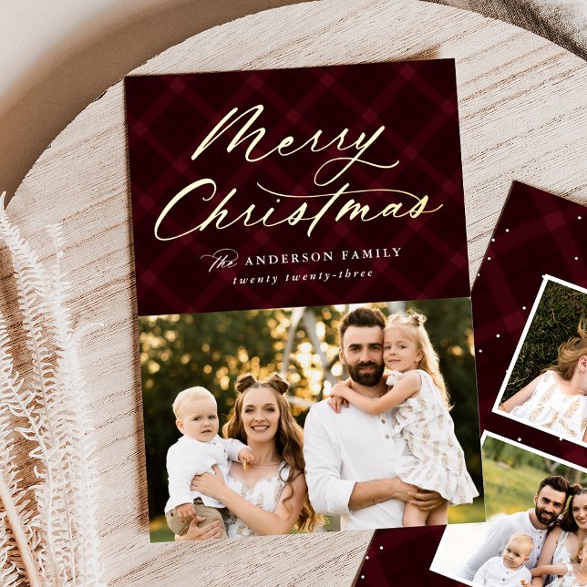 Brushed Burgundy Plaid Merry Christmas 3 Photo Foil Holiday Card (Creator Uploaded)