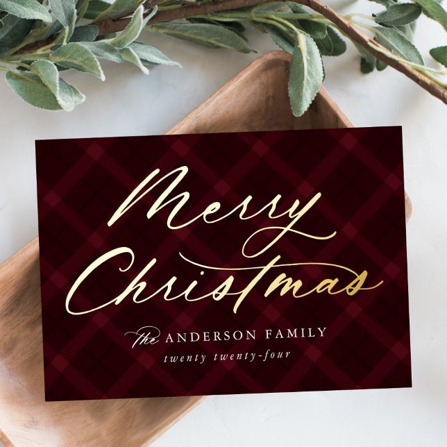 Brushed Burgundy Plaid Merry Christmas Non-Photo Foil Holiday Card (Creator Uploaded)