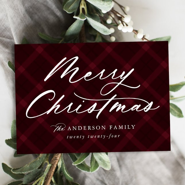 Brushed Burgundy Plaid Merry Christmas Non-Photo Holiday Card (Creator Uploaded)