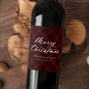 Brushed Burgundy Plaid Merry Christmas Wine Label