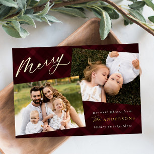 Brushed Burgundy Plaid Photo Foil Holiday Card