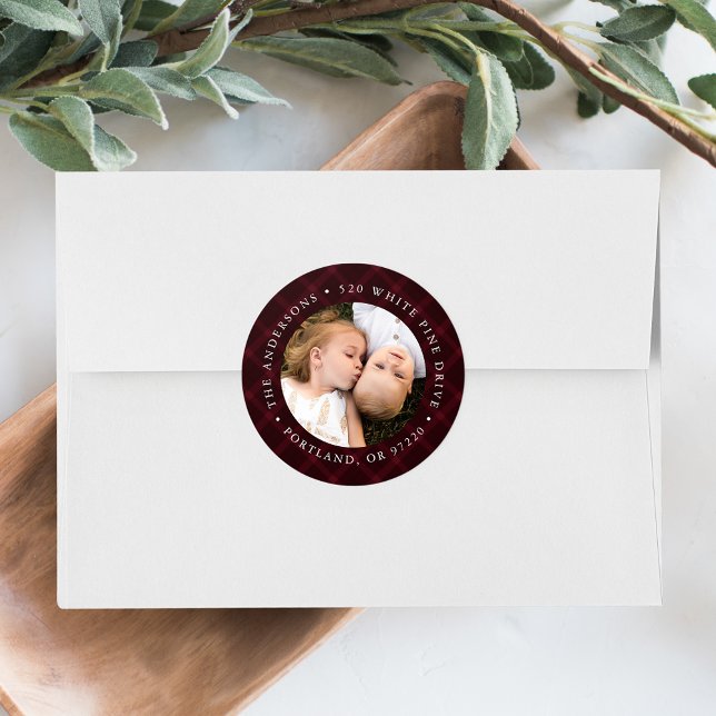 Brushed Burgundy Plaid Photo Return Address Label (Creator Uploaded)