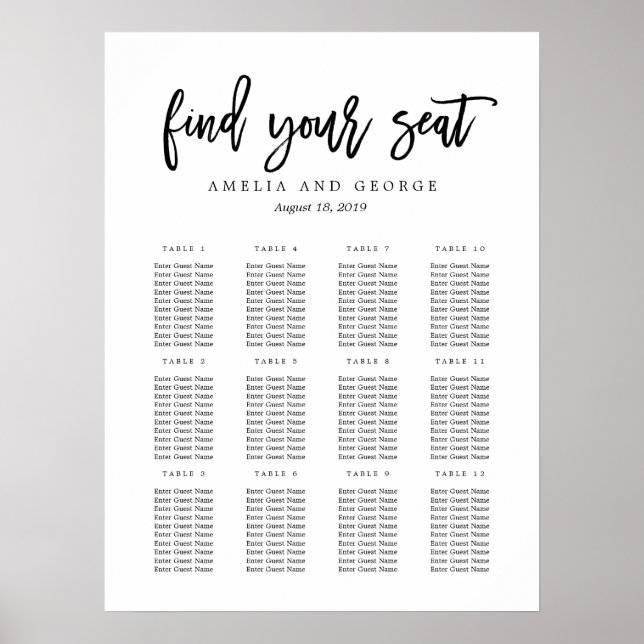 Brushed Calligraphy Seating Chart Poster (Front)