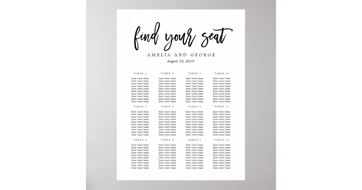 Brushed Calligraphy Seating Chart Poster | Zazzle.com.au