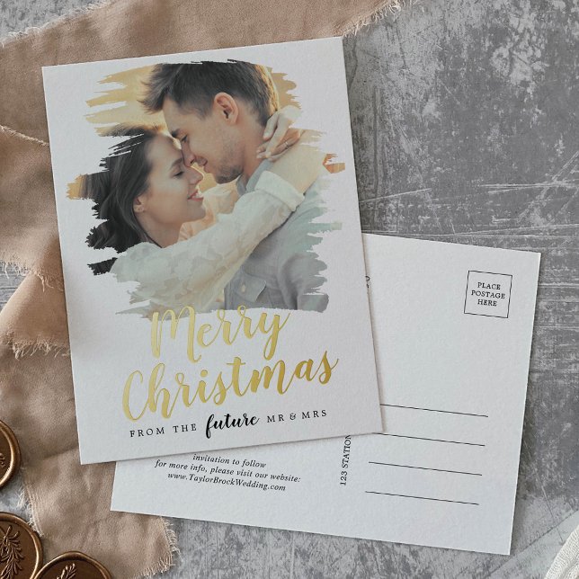 Brushed Foil Merry Christmas Save the Date Photo Foil Holiday Postcard (Creator Uploaded)