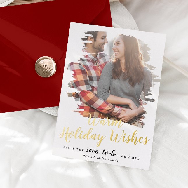 Brushed Foil Warm Wishes Engagement Photo Holiday Card (Creator Uploaded)