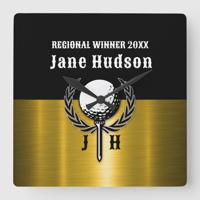 Brushed Gold Custom Golf Monogram Design Square Wall Clock (Front)