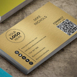 Brushed Gold Metal QR Code Logo Connect With Us Business Card