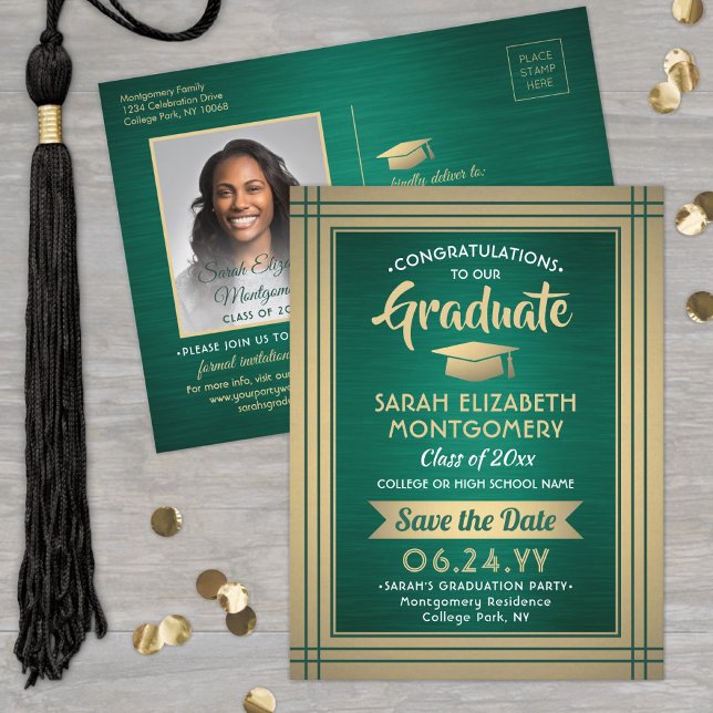 Brushed Green & Gold Graduate Photo Save the Date Announcement Postcard (Creator Uploaded)