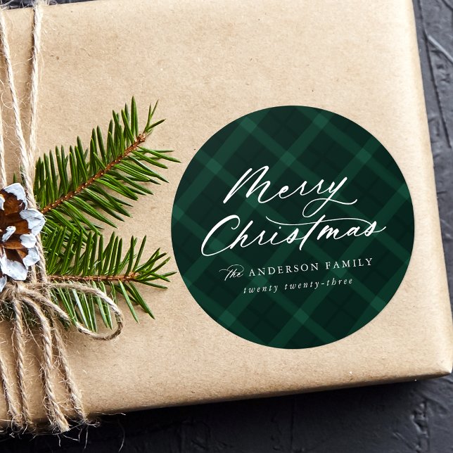 Brushed Green Plaid Merry Christmas Classic Round Sticker (Creator Uploaded)