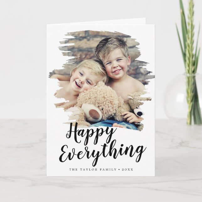 Brushed Happy Everything Portrait Photo Holiday Card (Front)