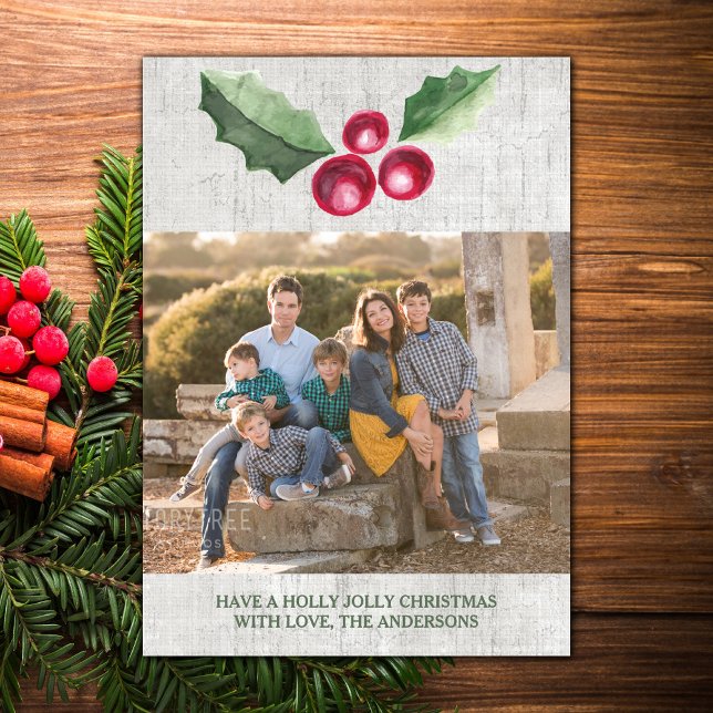 Brushed Holly and Berries Holiday Photo Card (Brushed Holly and Berries Holiday Photo Card)