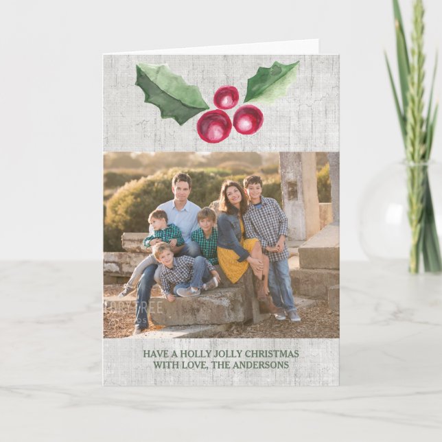 Brushed Holly and Berries Holiday Photo Greeting Card (Front)