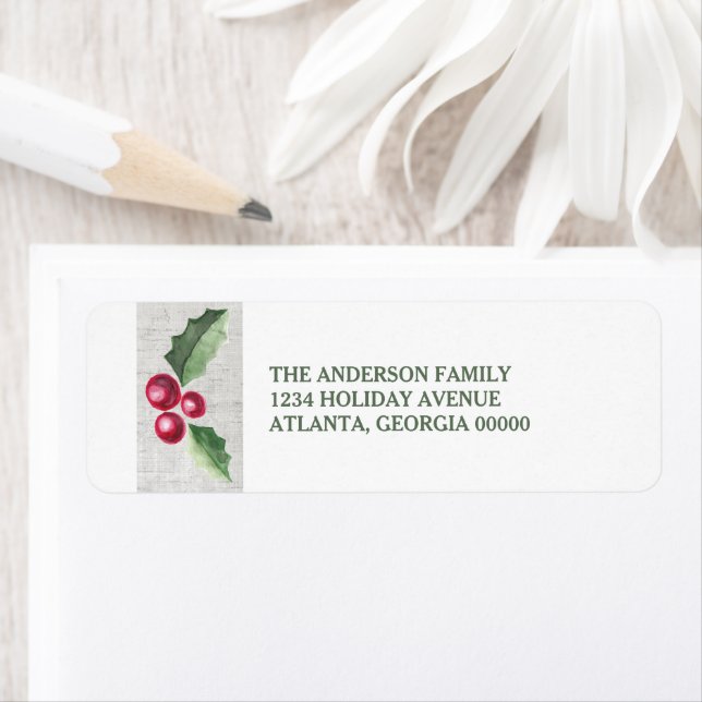Brushed Holly and Berries Holiday Return Address Label (Insitu)