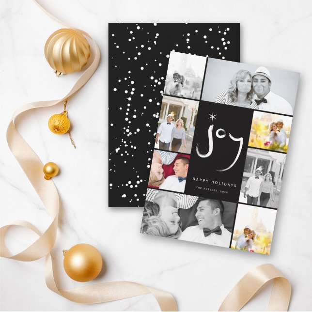 Brushed Joy Calligraphy Star Black 6 Photo Collage Holiday Card (Creator Uploaded)
