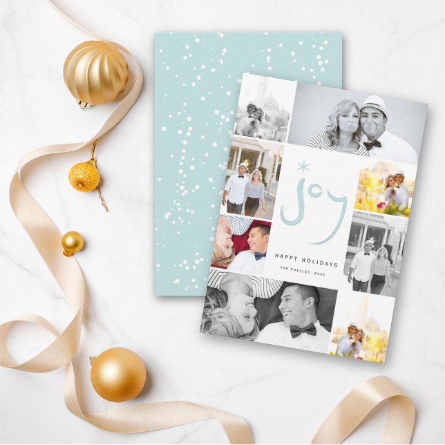 Brushed Joy Calligraphy Star Blue 6 Photo Collage Holiday Card (Creator Uploaded)