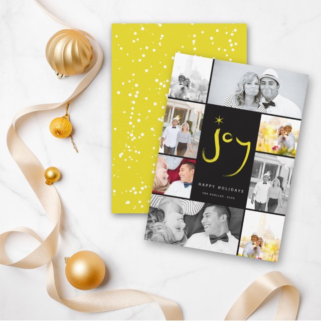 Brushed Joy Calligraphy Star Lemon 6 Photo Collage Holiday Card (Creator Uploaded)