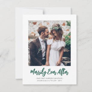 Brushed Merrily Ever After Newlyweds 2 Photo Green Holiday Card
