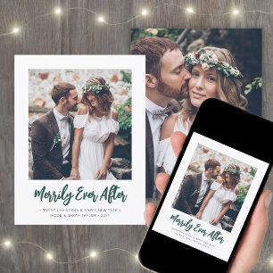 Brushed Merrily Ever After Newlyweds 2 Photo Green Holiday Card