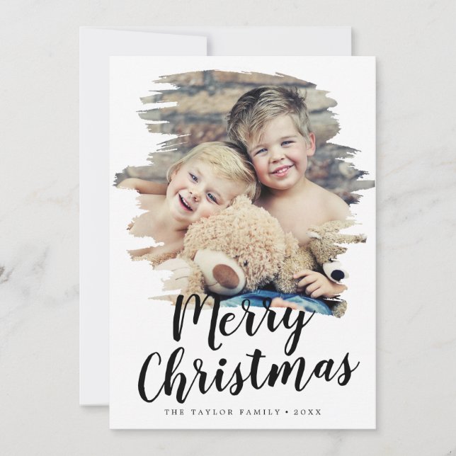 Brushed Merry Christmas Year In Review Portrait Holiday Card (Front)