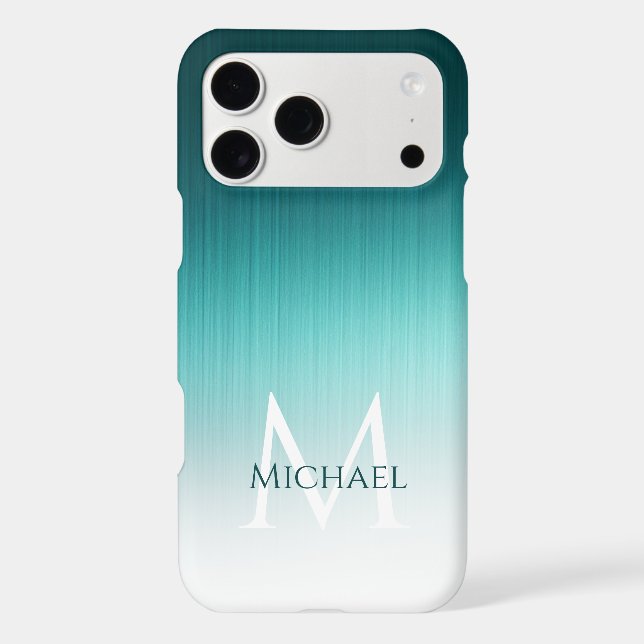 Brushed Metal Aqua Teal Blue Ombre Monogram (Back)