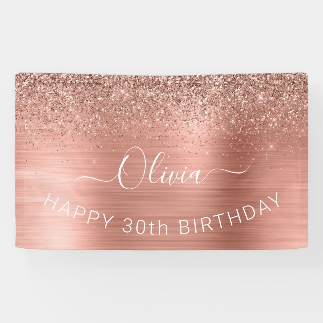 Brushed Metal Birthday Rose Gold Glitter Girly Banner (Horizontal)