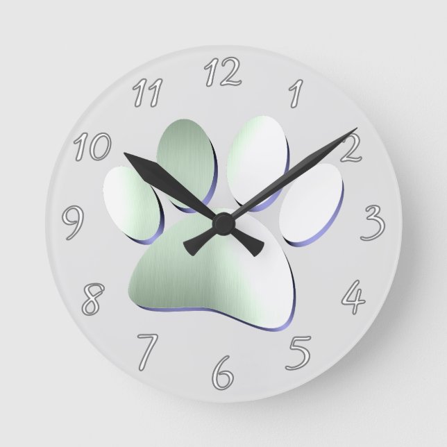 Brushed Metal Dog Paw Print Round Clock (Front)