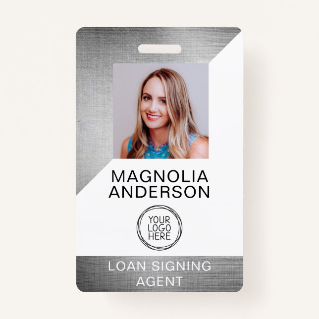 Brushed Metal Employee Photo Logo Barcode Name Bad ID Badge (Front)