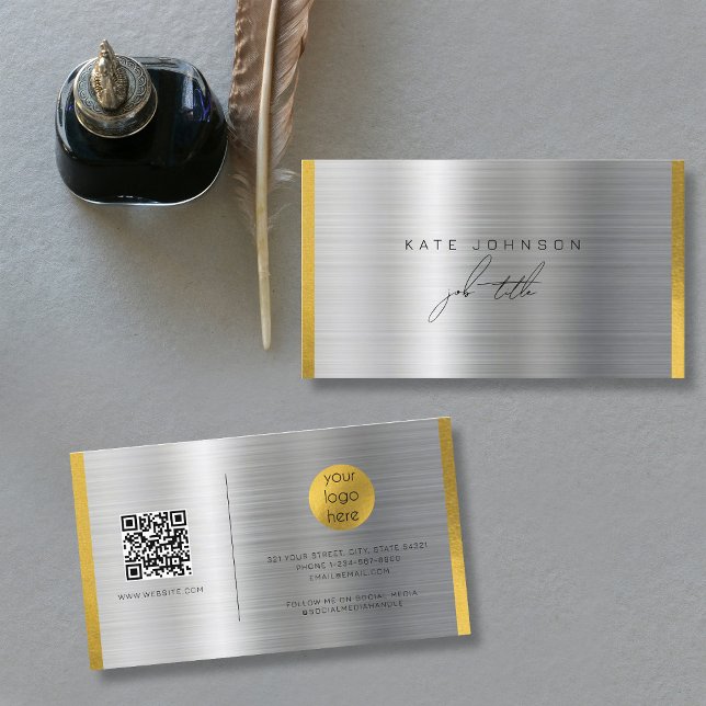  Brushed Metal Gold Signature Script QR Code Business Card (Brushed Metal Gold Signature Script QR Code Business Card)