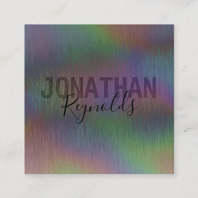Brushed Metal Iridescent Holographic Script Name S Square Business Card (Front)
