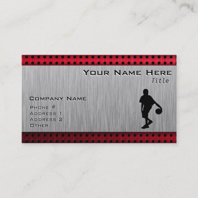 Brushed metal look, Basketball; red Business Card (Front)