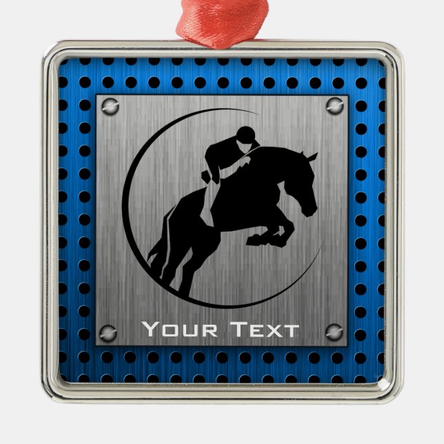 Brushed Metal-look; Blue Equestrian Metal Ornament (Front)