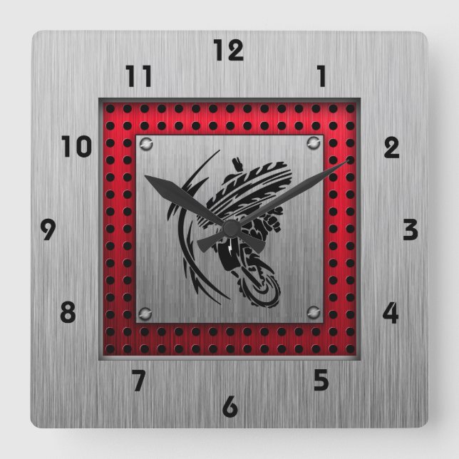 Brushed metal look Dirt Bike Square Wall Clock (Front)