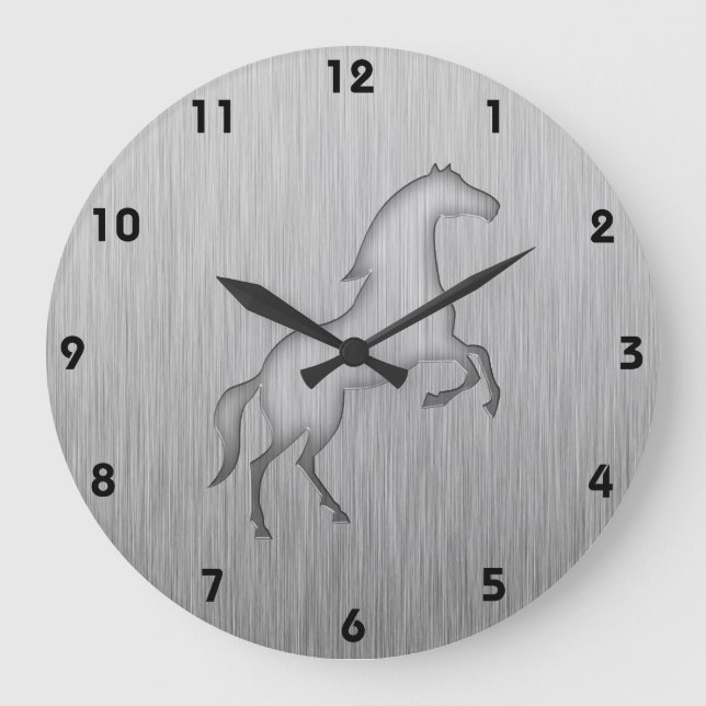 Brushed metal look Horse Large Clock (Front)