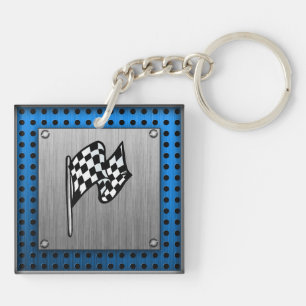Brushed metal look Racing Flag Key Ring