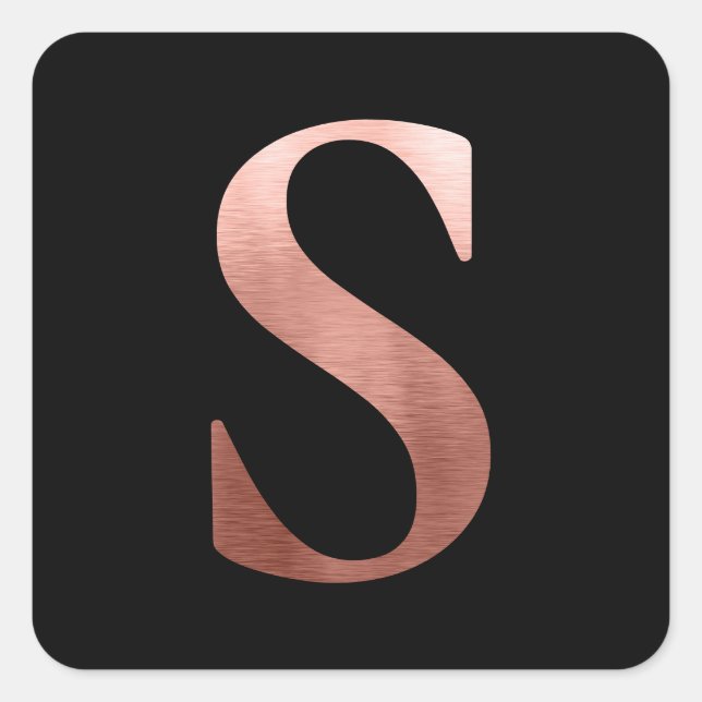 Brushed Metal Rose Gold Monogram S Black Square Sticker (Front)
