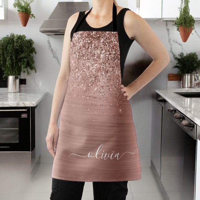 Brushed Metal Rose Gold Pink Glitter Monogram Apron (Creator Uploaded)