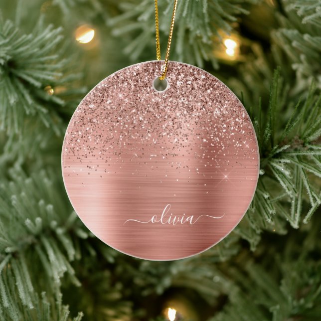 Brushed Metal Rose Gold Pink Glitter Monogram Ceramic Ornament (Tree)