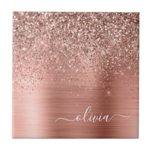 Brushed Metal Rose Gold Pink Glitter Monogram Ceramic Tile